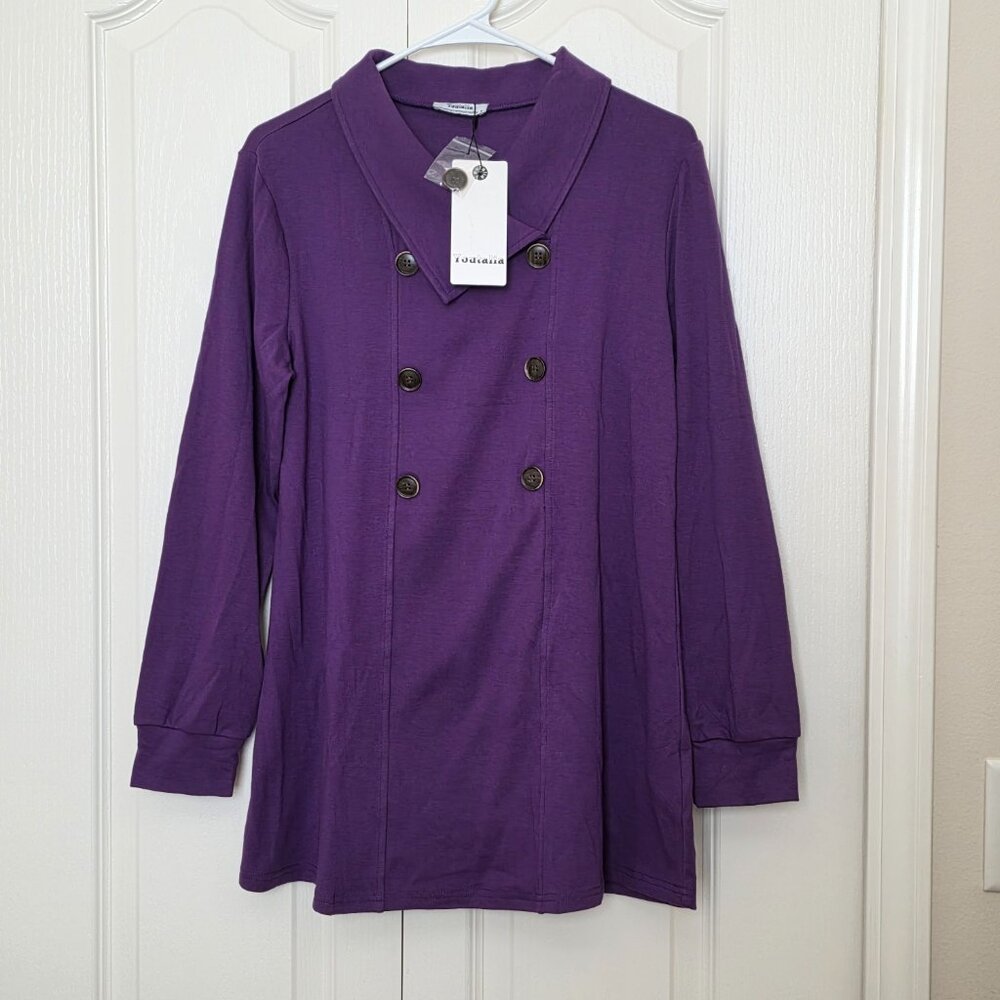 NWT! Long Sleeve Purple Tunic Top with Lapel Collar and Front Button Accents